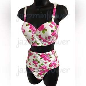 Betsey Johnson white pink roses love always Betsey print smock bikini size large